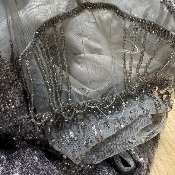 Mac Duggal Silver Jewel Encrusted Illusion Long Sleeve A Line Gown Size 18 *FLAW - Picture 5 of 12